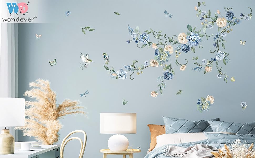 wondever Blue Rose Flower Wall Decals Watercolor Floral Vines Peel and