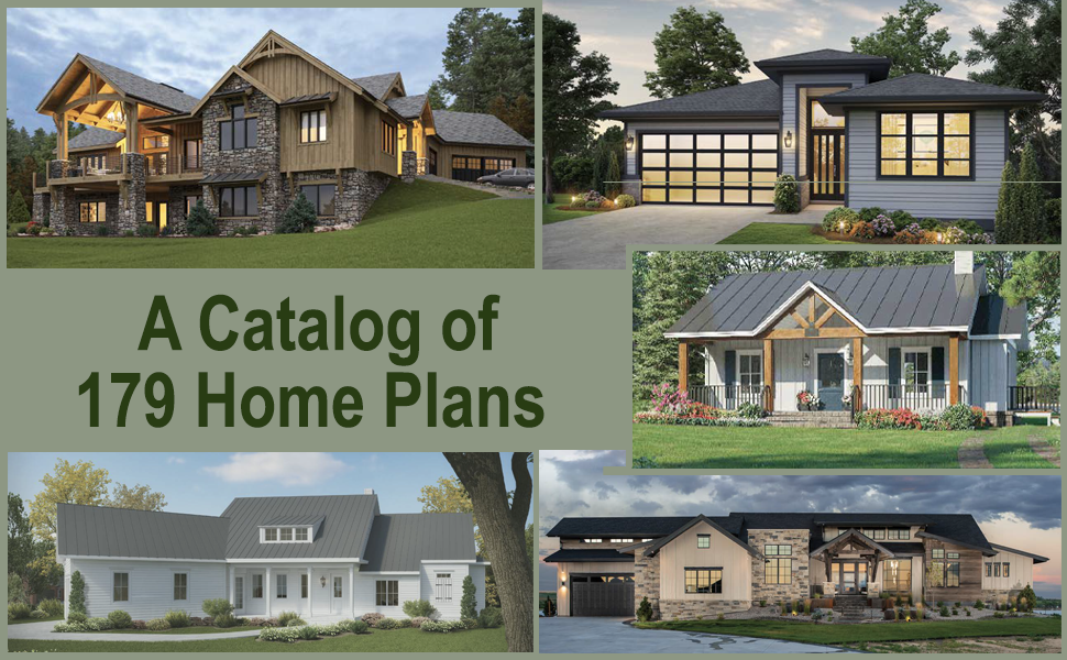 A spread of 5 different modern houses with text, A Catalog of 179 Home Plans