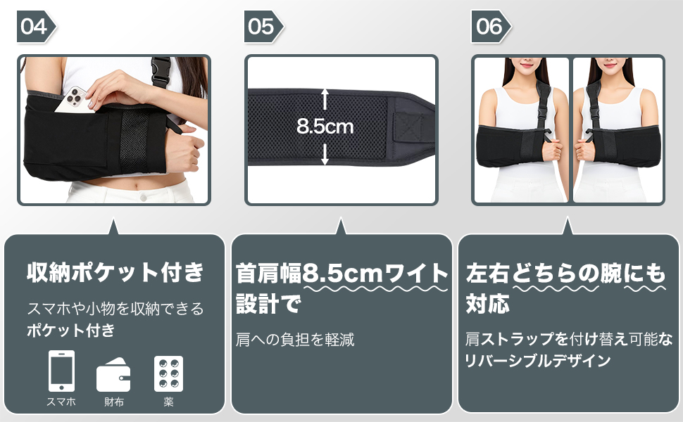 アームホルダー アームスリング 腕用 サポーター 腕吊り 腕つり 腕スリング 三角巾 大人用 ポケット付き 左右兼用 肩・腕・肘の安定固定 リハビリ・骨折後ケア 通気性 快適サポート ブラック