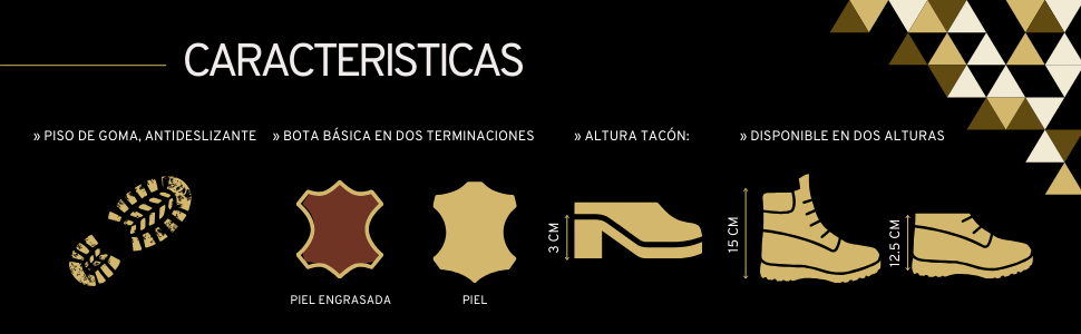 Infografía de características del producto que muestra íconos de suela antideslizante, transpirable, impermeable, de alta durabilidad y disponible en varias alturas. Combinación de colores dorado y negro