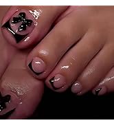 Black French Tip Press on Toenails Bow Fake Toenails Short Square Glue on Toe Nails Glossy Full C...