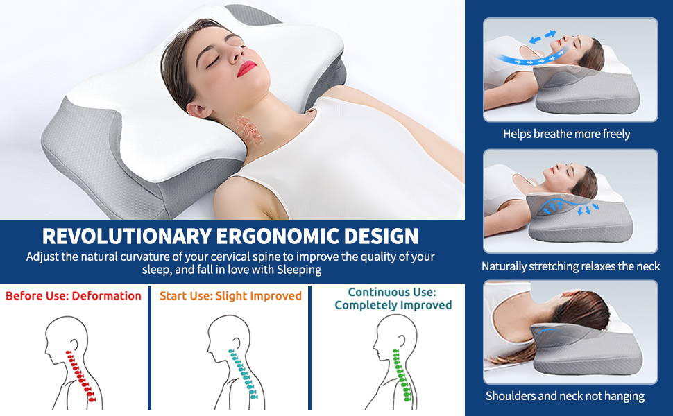 Cervical Pillow for Neck Pain Relief, Ergonomic Memory Foam Pillow for