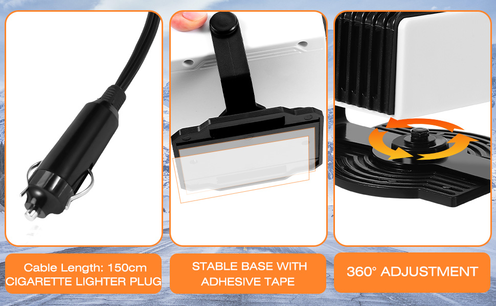Image du produit à trois panneaux montrant le câble du chargeur de voiture, le support de base adhésif et la fonction de réglage à 360 degrés. La longueur du câble spécifiée est de 150 cm.