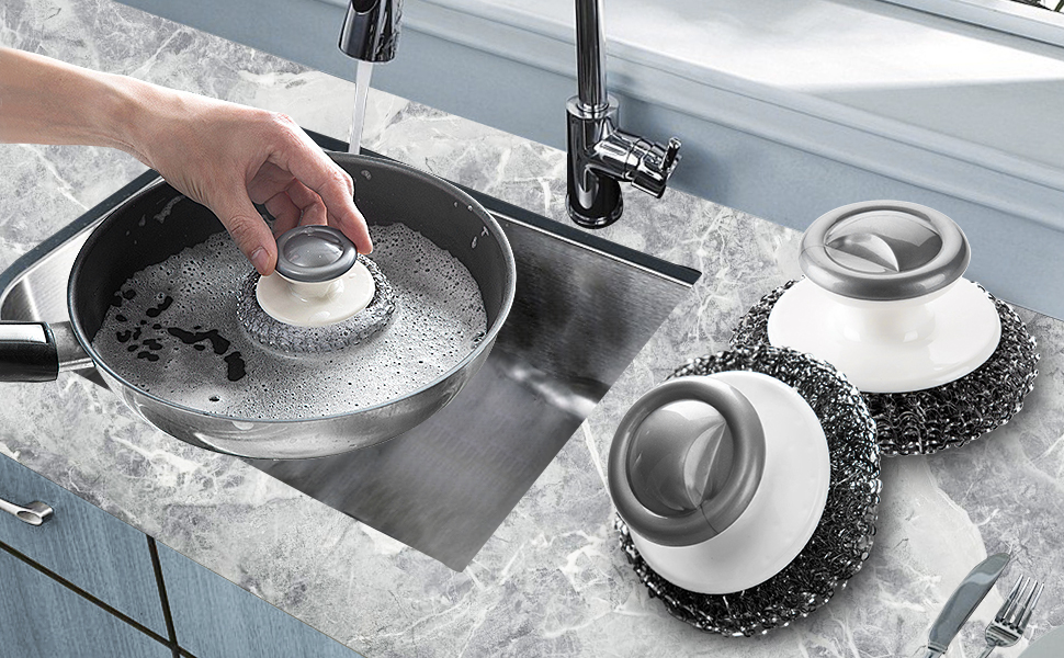 6 Pack Stainless Steel Scrubber with Handle, Steel Wool