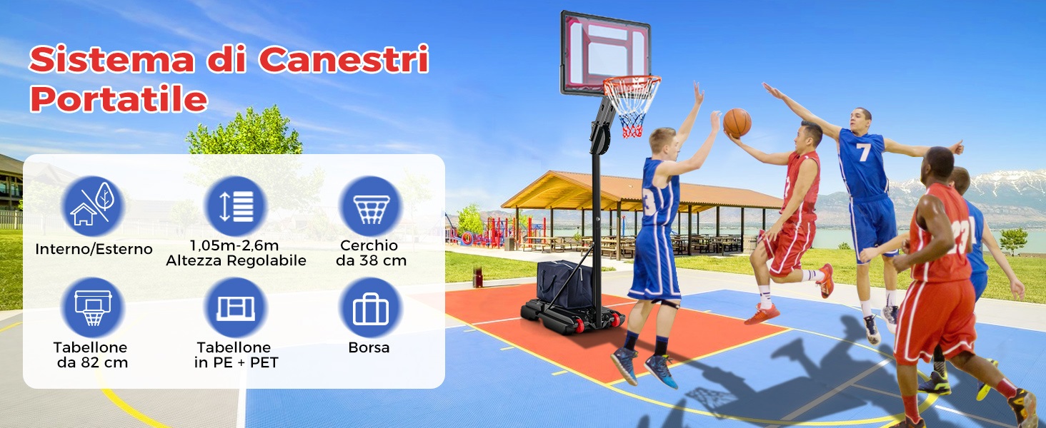 Sistema di basket portatile in uso all'aperto. Dispone di altezza regolabile, ruote per la mobilitĂ . Persone che giocano a basket in una giornata di sole.