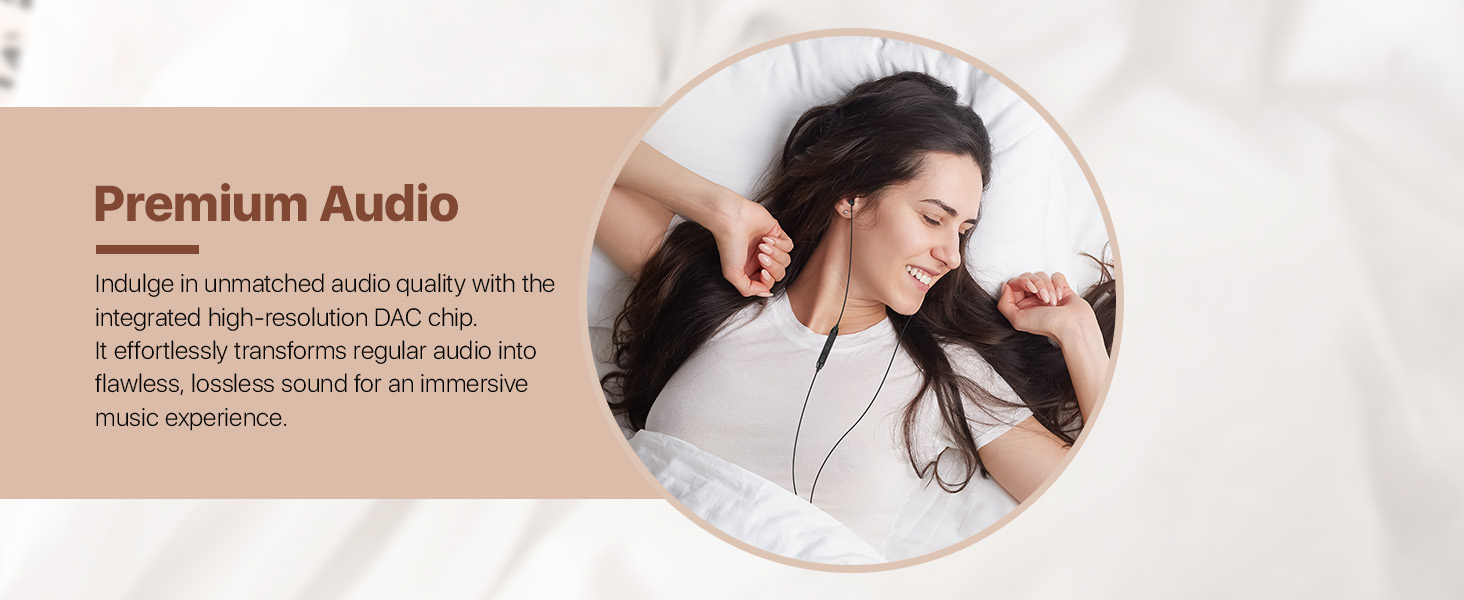 Woman sleeping peacefully on white bedding, wearing earbuds. Text overlay mentions 'Premium Audio' for sleep and relaxation.