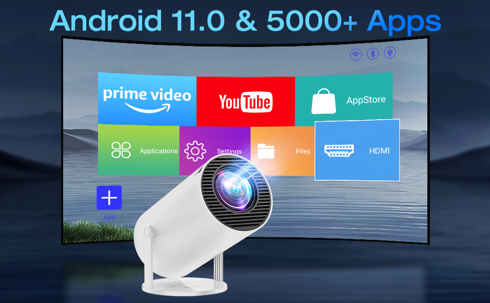 Text reads 'Android 11.0 & 5000+ Apps'. White projector device shown with interface displaying various app icons including prime video, YouTube, and app store on projected screen.