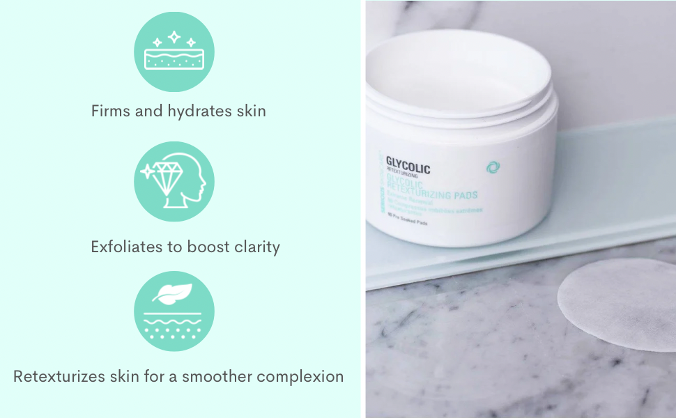 Image of open plastic canister showing single presoaked glycolic facial treatment pad on the table