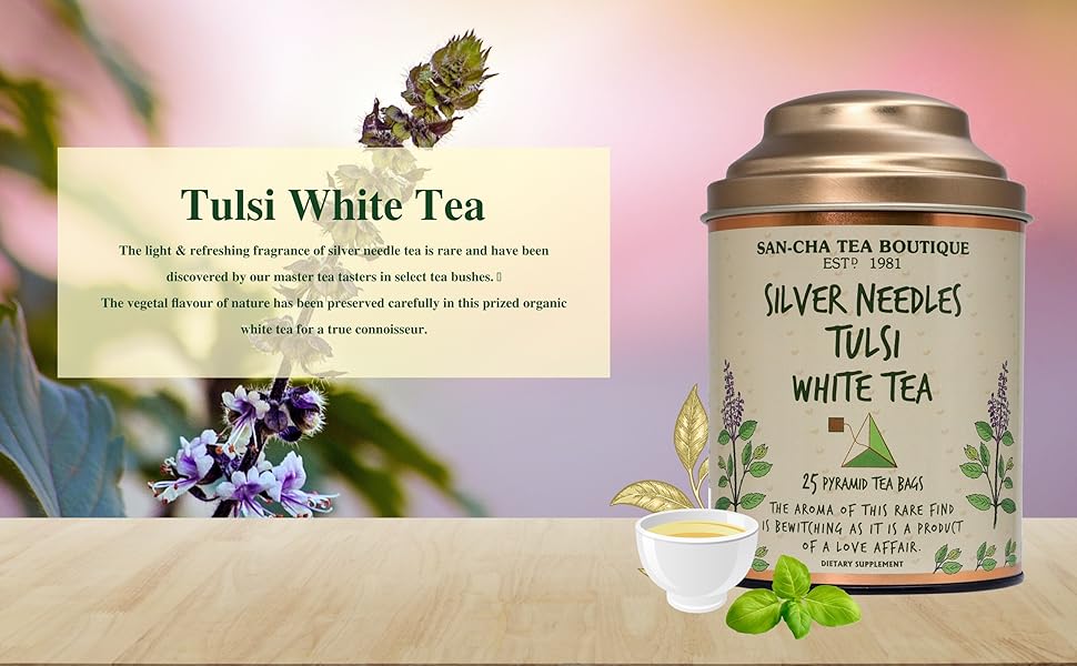 tulsi tea, tulsi white tea bags, indian tulsi tea, holy basil tea, silver needle tea, silver tips