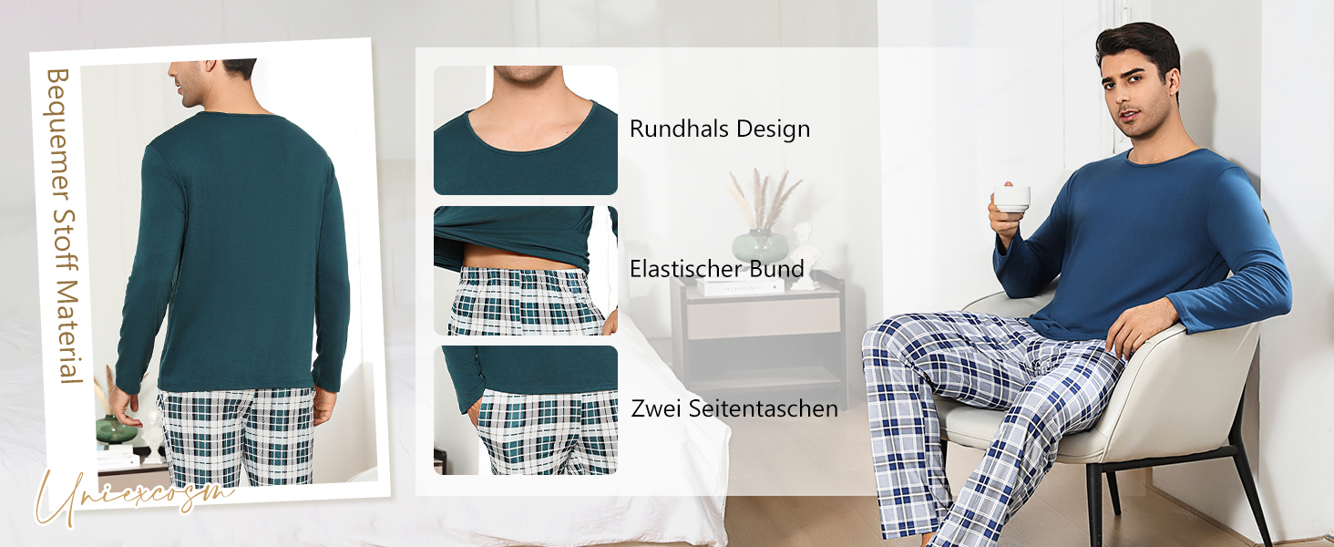 Uniexcosm Schlafanzug Herren Zweiteiliger Lang Baumwolle Pyjama Set