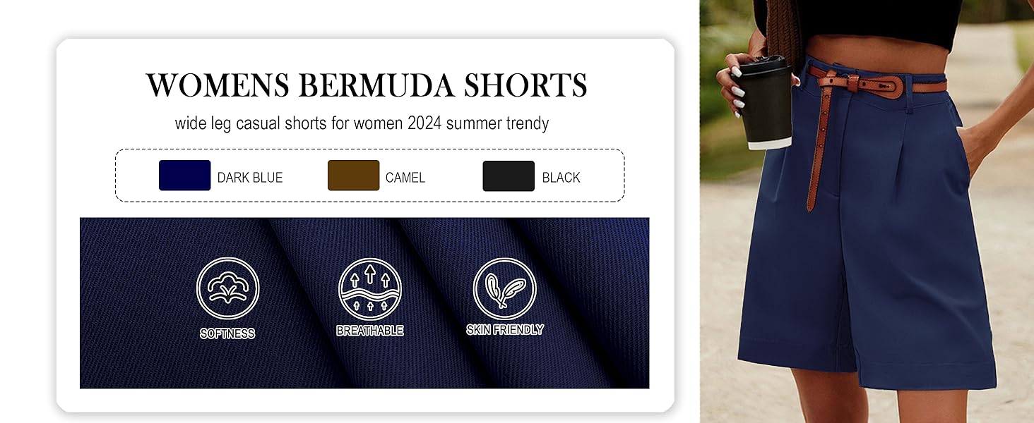 Womens Casual Elastic Waist Wide Leg Suit Tailored Shorts Summer Dressy Work Trouser Shorts