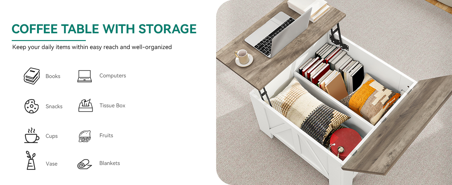 Farmhouse Lift Top Coffee Table with Storage, Wood Square Center Table Hidden Tables for Living Room