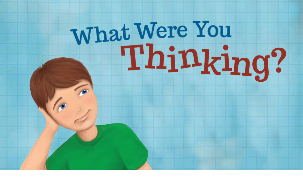 Blue graph-like background with kid thinking and title What Were You Thinking