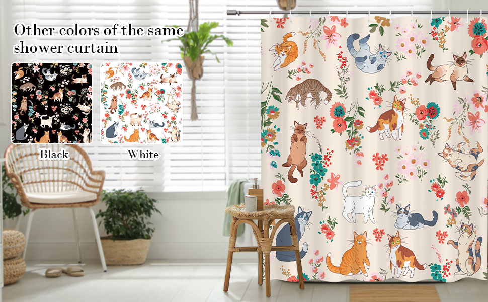 Beige Floral Cartoon Kitty Petf Fabric Shower Curtain Se