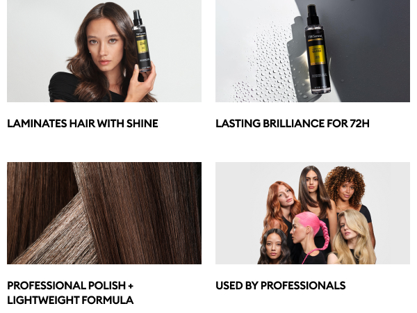 Woman with dark, wavy brown hair holds shine spray against white background.