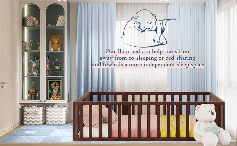 Tatub Queen Size Floor Bed with Safety Guardrails and Door