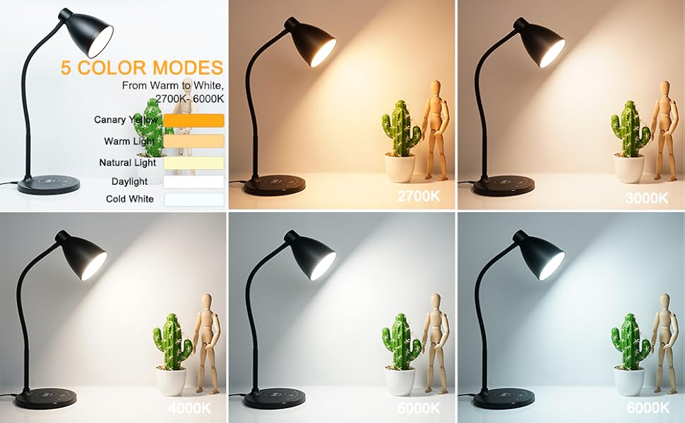 LED Desk Lamp with Wireless Charger USB Charging Port Dorm Lamp Reading Lamps Table Light