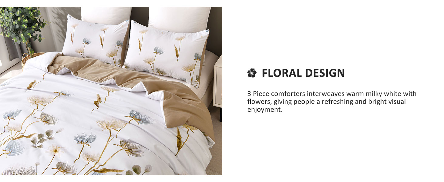 Dinjoy Floral Comforter Set Queen Size,Beige Fall Bedding