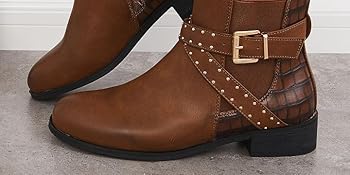brown buckle side zipper ankle boots point toe low heel chelsea booties