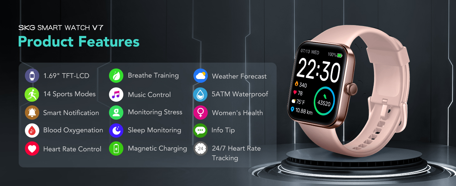 skg v7 pink smart watch