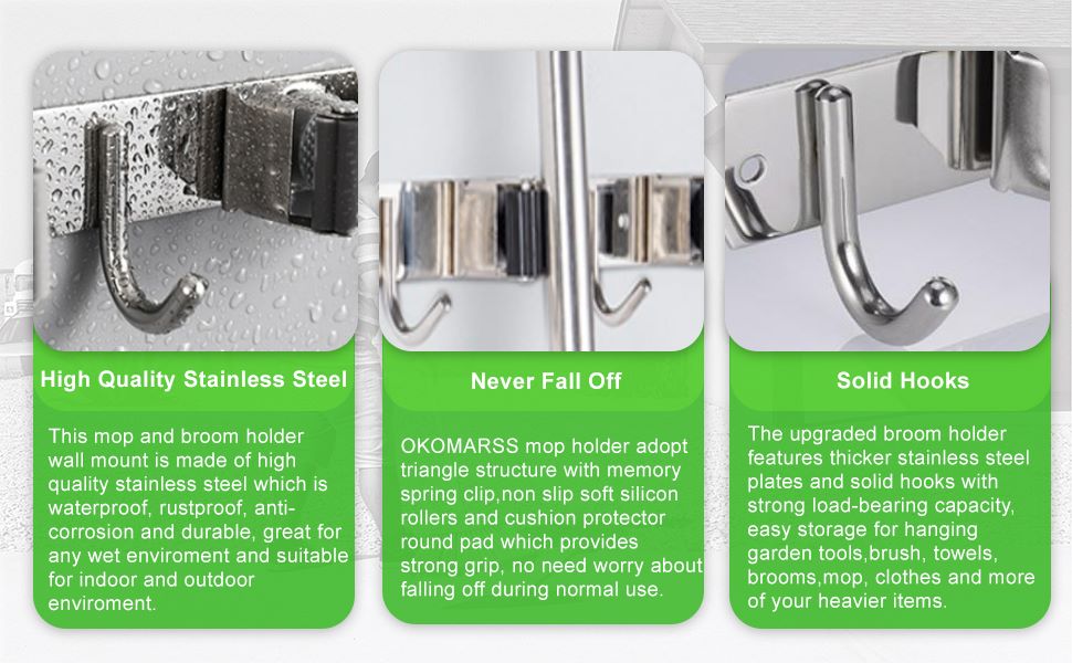 OKOMARSS Broom Holder Wall Mount Storage with 4 Racks & 5