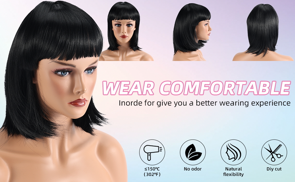 newnavat Short Black Bob Wig with Bangs 12 Inch Synthetic Hair Wig, Women's Bob