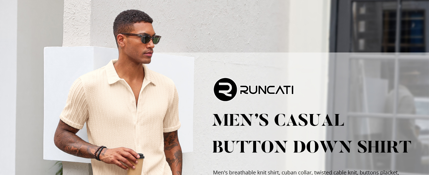 Men's Knit Shirts Cuban Collar Short Sleeve Button Down Tops Casual Summer Beach T-Shirts