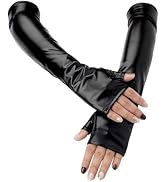 CALFOVERA Black Long Half Palm PU Leather Gloves Shiny Metallic Rock Stage Fingerless Gloves Stre...