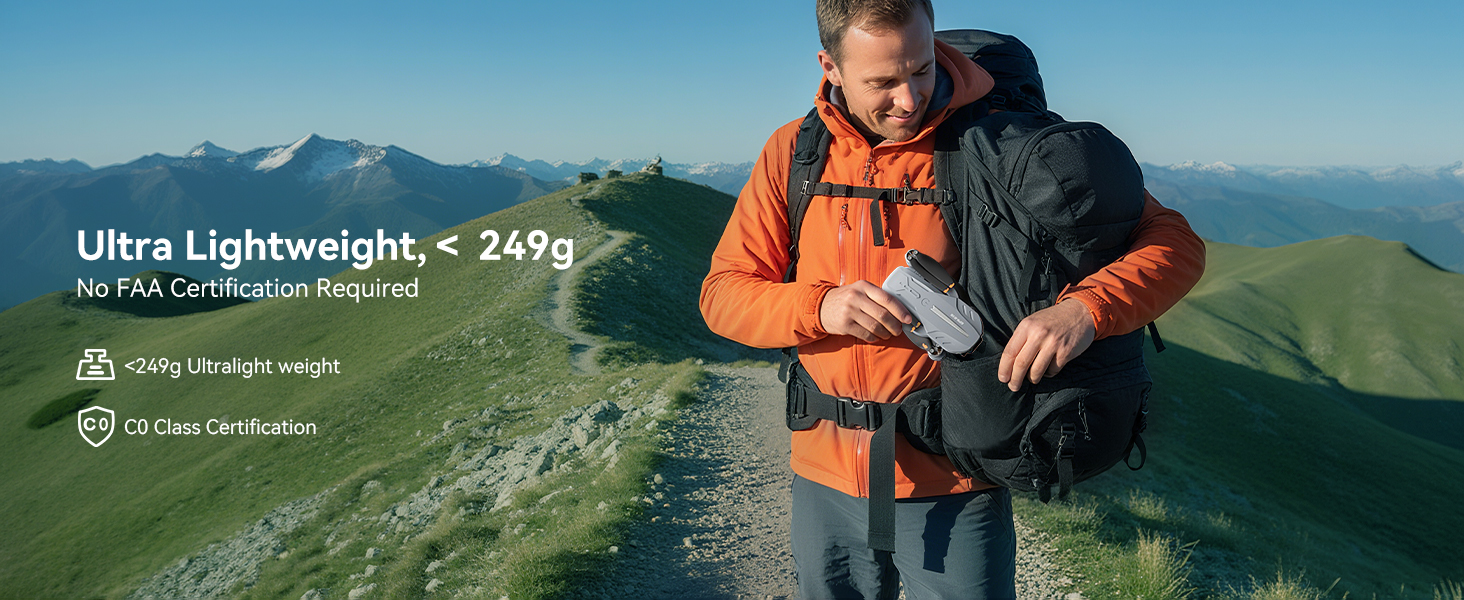 Text reads 'PACKAGING CONTAINS'. Product packaging or interface display with mountain scenery backdrop and equipment specifications.