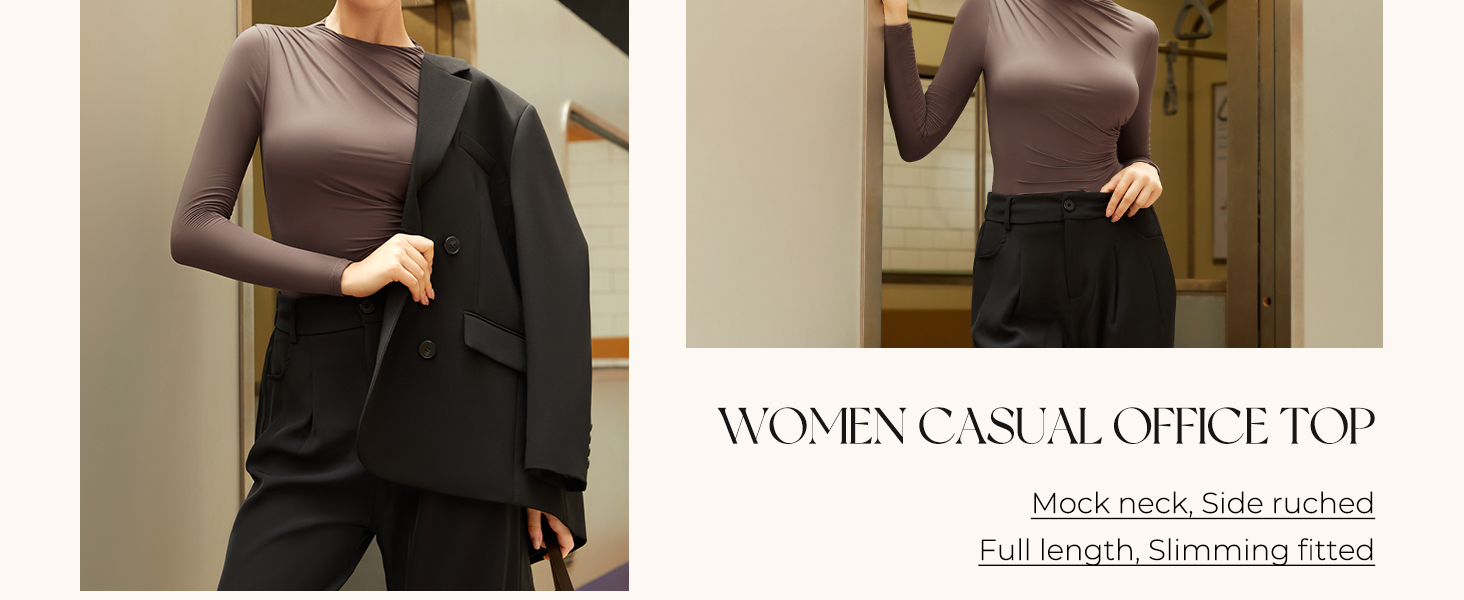 Women Mock Neck Long Sleeve Tops Double Lined Ruched Basic Shirts