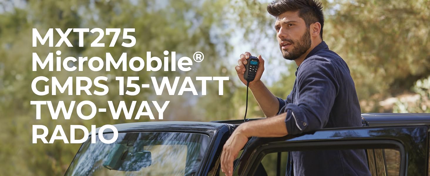 Midland – MXT275 MicroMobile® GMRS Radio – 15 watts Two-Way Radio with Integrated Control Microphone – Overland Caravanning Tractors – Detachable External Magnetic Mount Antenna - 8 Repeater Channels 9 MXT275