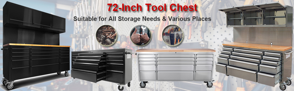 72-inch Lockable Storage Cabinet with Wheels Stainless Steel Rolling Tool Chest with 15 Drawers