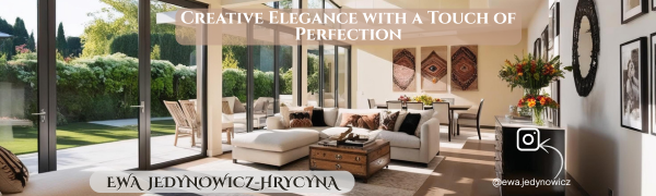 Elegant and bright deluttered living romm with author's name Ewa Jedynowicz-Hrycyna