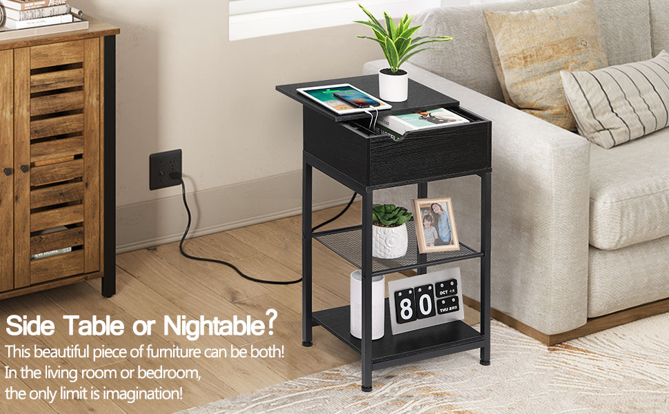 End Table with USB Ports & Power Outlets, Narrow Sliding