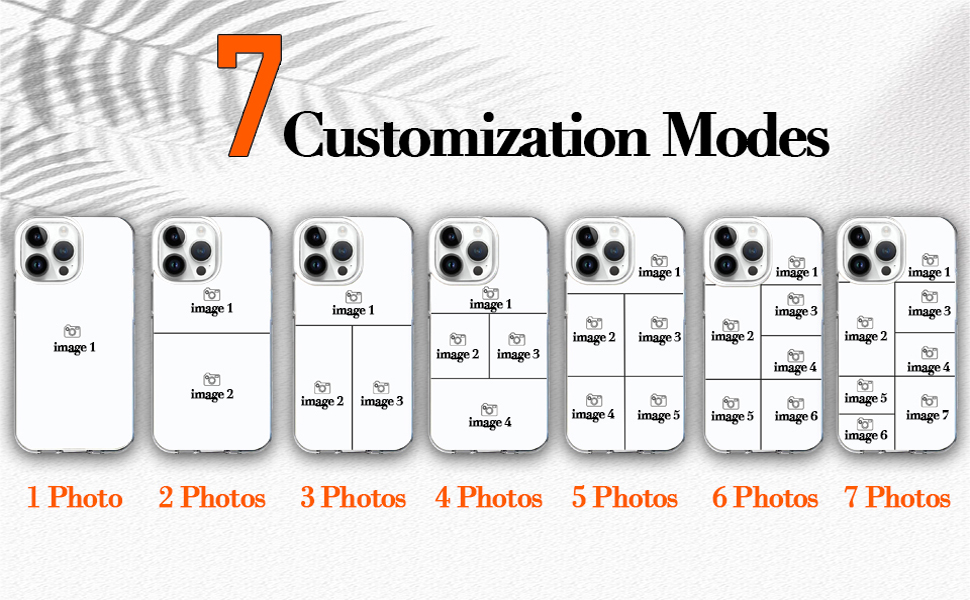 Infographic showing 7 different photo customization layouts for iPhone, displaying various grid arrangements from single to multiple photo options.