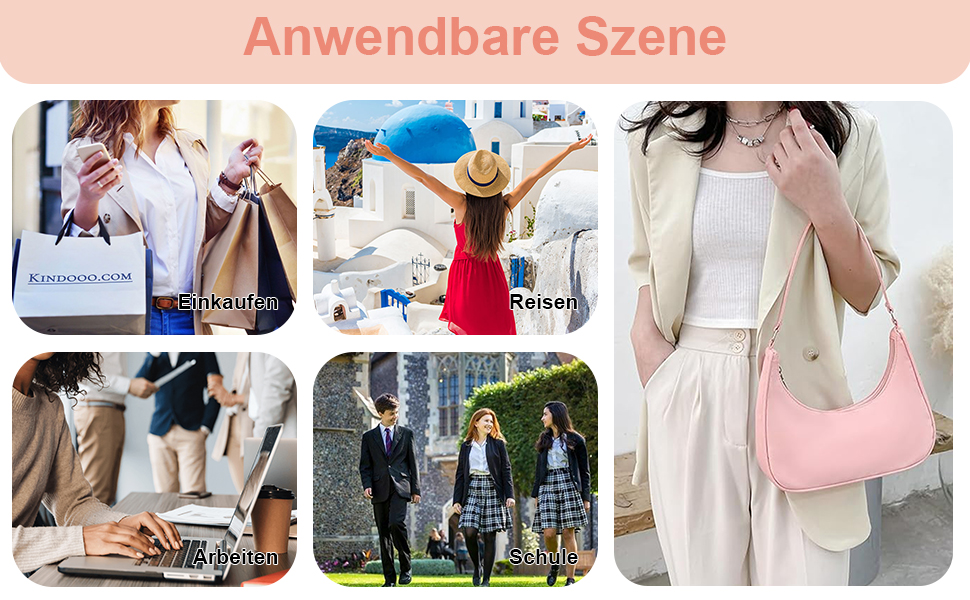 Collection of lifestyle scenes showcasing various activities including shopping, travel, and casual outings with clothing and accessory emphasis.