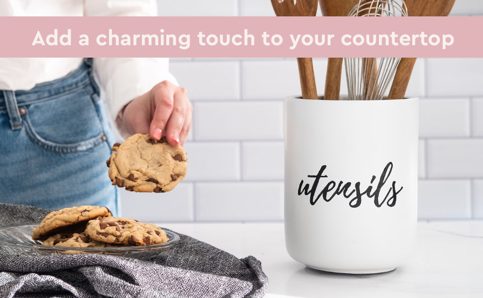 White Utensil Holder for Countertop Stylish, Rustic