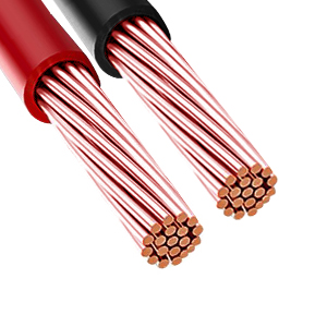 Two bundles of exposed copper wires with red insulation partially stripped away, revealing the shiny copper strands inside.
