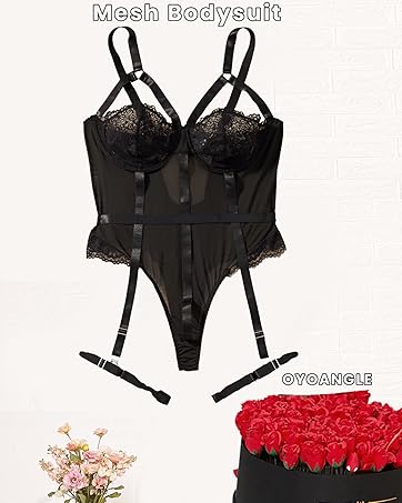 Women's Plus Size Ring Linked Cut Out Sheer Mesh Teddy Bodysuit Garter Lingerie Set