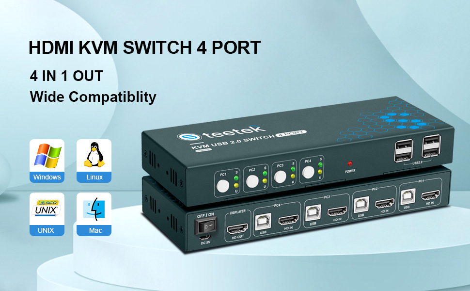 Steetek KVM Switch HDMI 4 Ports, 4K60Hz USB2.0 KVM Switches, HDMI2.0
