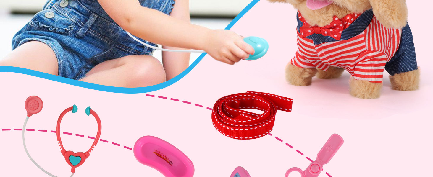 walking dog toy with leash, vet play kit, gifts for 3 year old girls, toys for 5 year old boys,