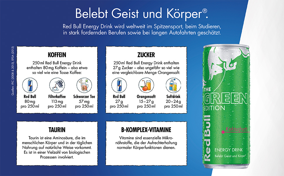 Red Bull, Energy Drink, Green Edition, Koffein, Zucker, Taurin, B-Vitamine, Kaktusfrucht