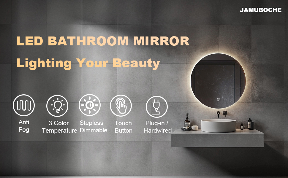 JAMUBOCHE LED Bathroom Mirror For Over Sink, 69 X 49cm Electric Vanity Mirror With Backlit Lights For Shower Shaving, Fogless Wall Mounted Dimmable 3