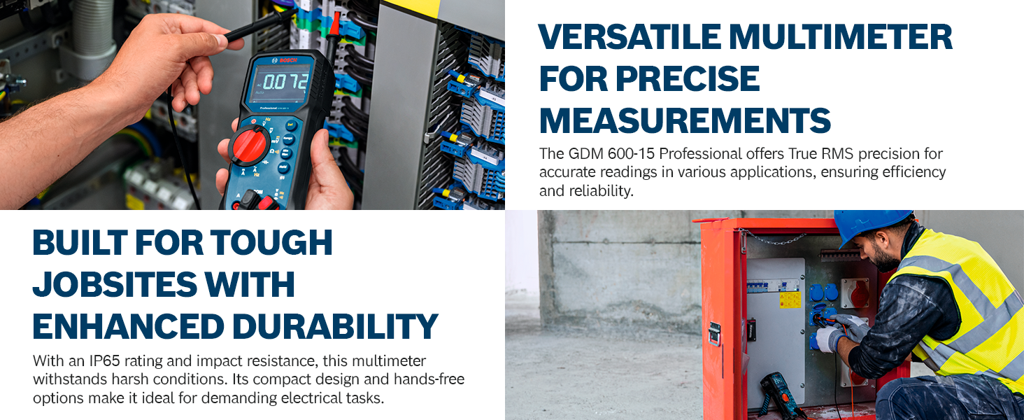 Text reads: 'VERSATILE MULTIMETER FOR PRECISE MEASUREMENTS' and 'BUILT FOR TOUGH ROUTES WITH ENHANCED DURABILITY'. Composite image showing digital multimeter device being used in technical settings.