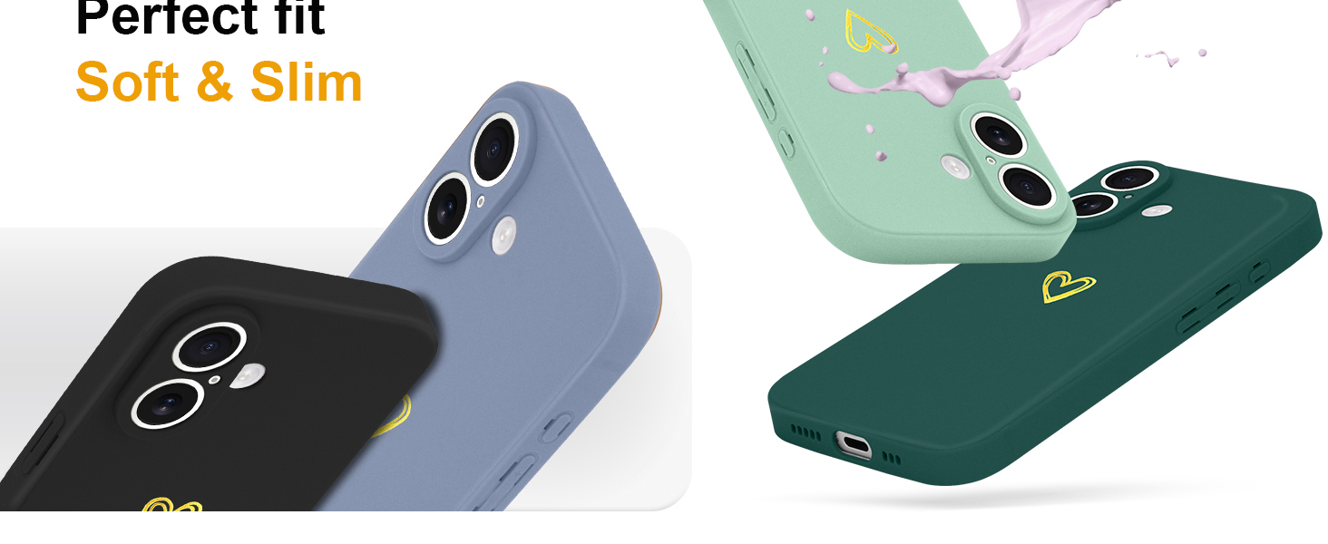 Soft and slim smartphone cases in purple, mint green, and dark green colors, featuring camera cutouts and a 'Perfect fit' label.