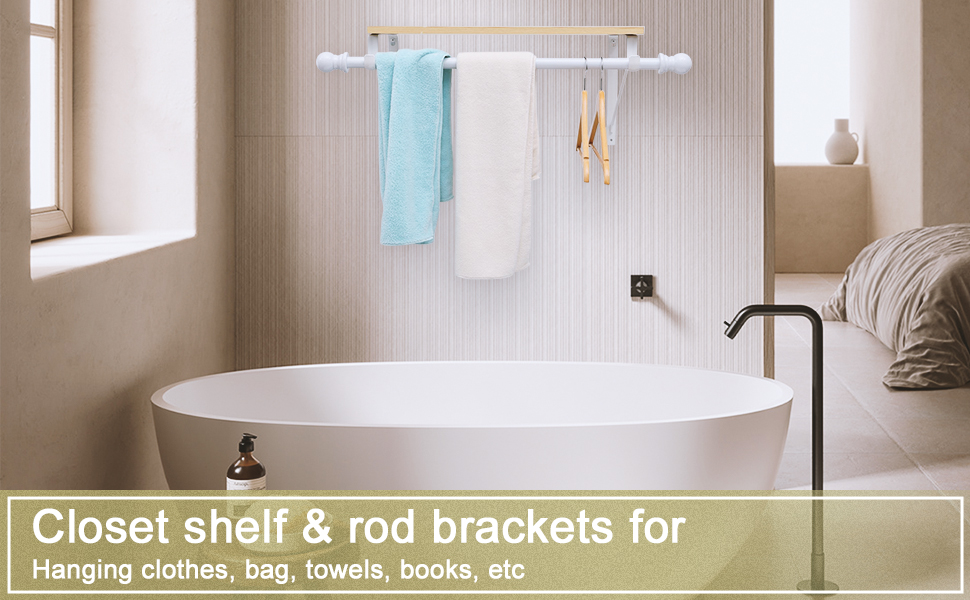 Closet Rod Brackets with 64" Rod, Heavy Duty Closet Shelf Brackets with Rod Holder