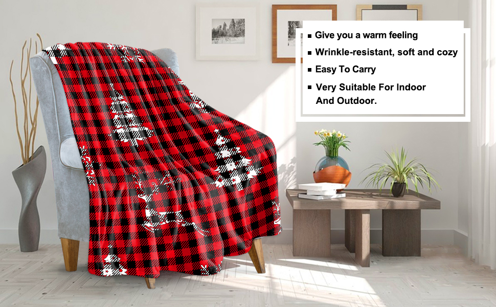 Red Christmas Plaid Blanket, Soft Christmas Tree Elk