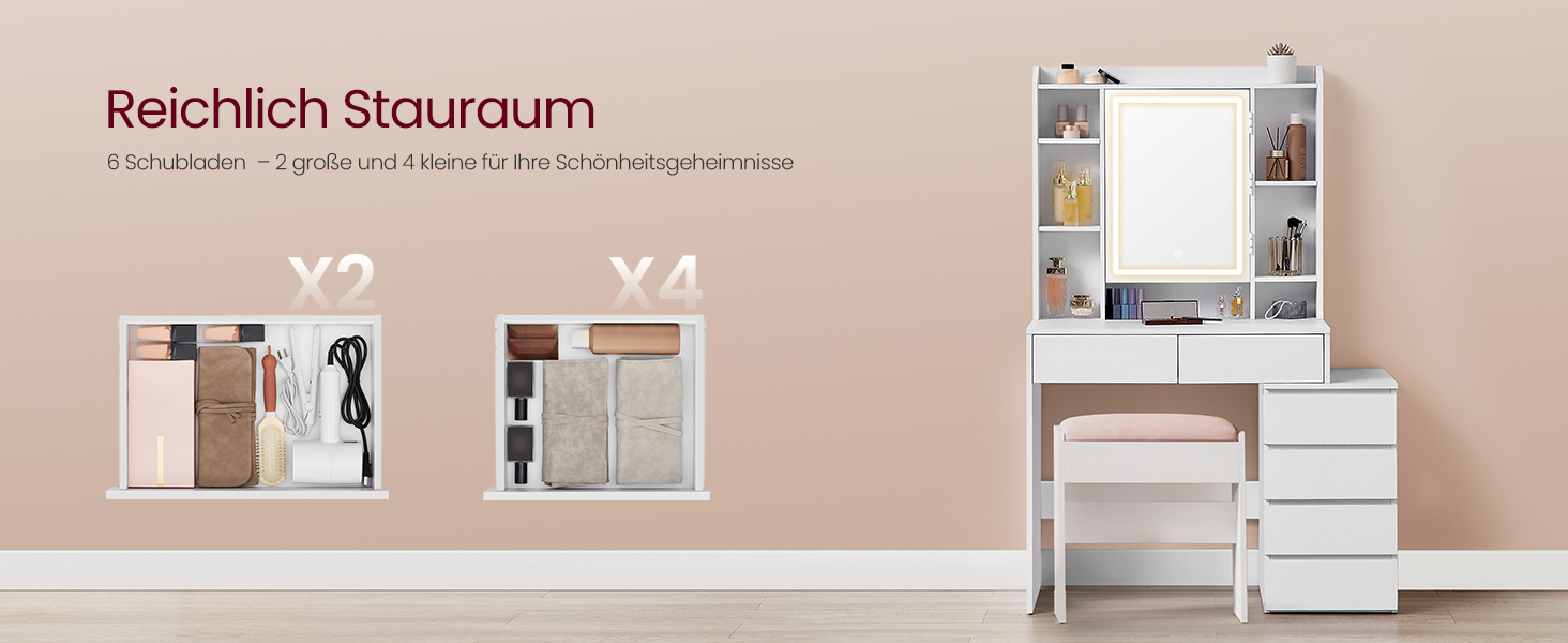 Weißer Waschtisch mit Spiegel, Schubladen und Regal. Die Produktabmessungen sind für X2- und X4-Konfigurationen angegeben