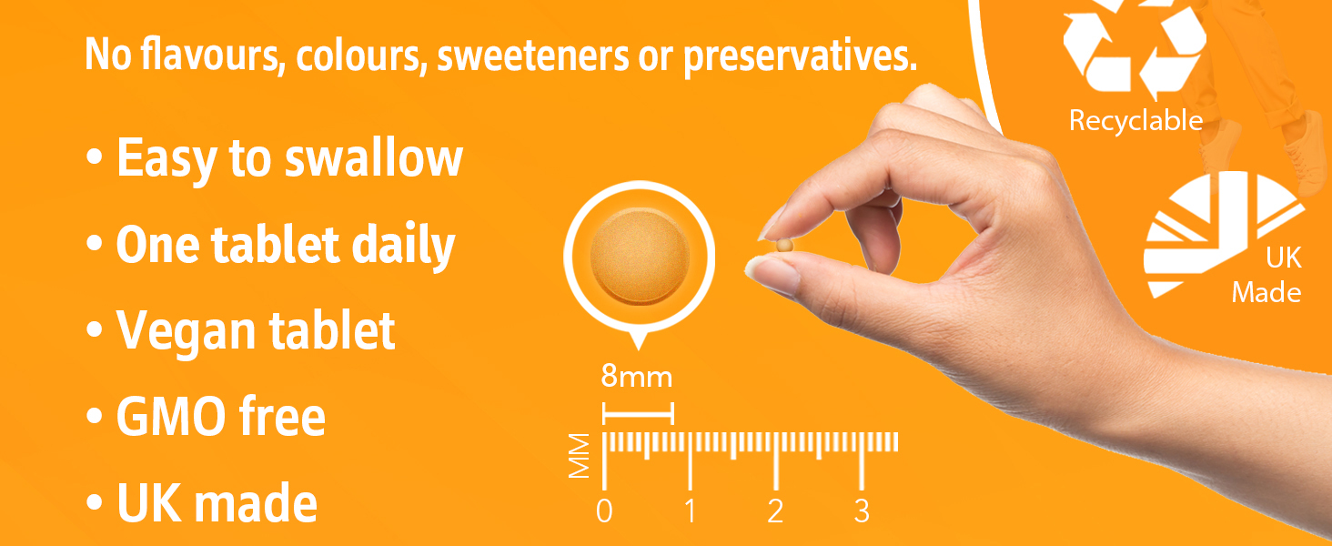 No flavours, colours, sweeteners or preservatives, easy to swallow vegan turmeric tablets.