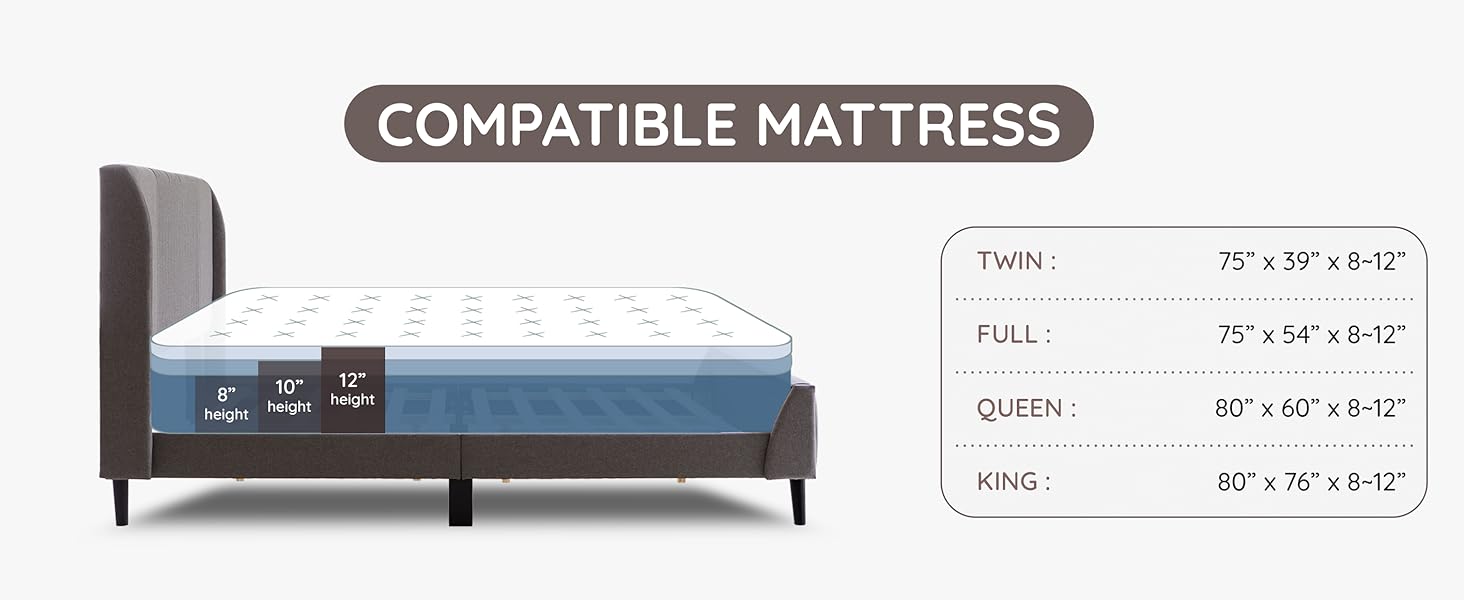 Bed Frame Fabric Upholstered Vertical Channel Tufted Wingback Headboard Footboard Strong Wood Slats